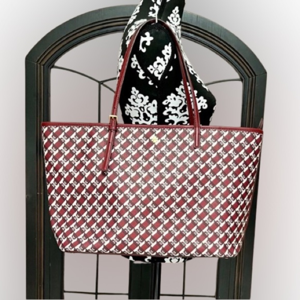 TORY BURCH Crimson Red Geo Logo Tote Bag
